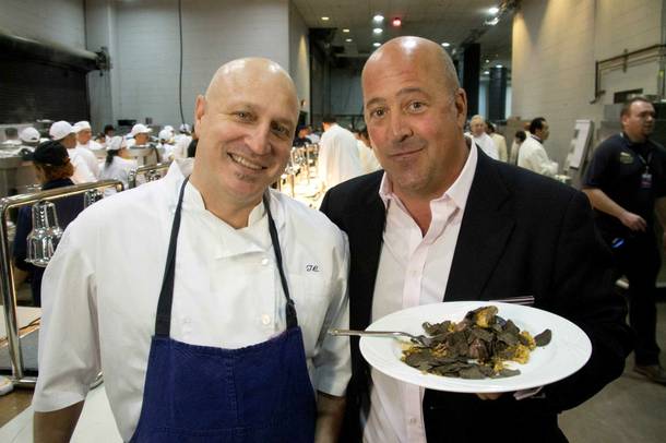 Tom Colicchio and Andrew Zimmern, pictured here at MGM Grand Garden Arena, in the 100th episode of Travel Channel's