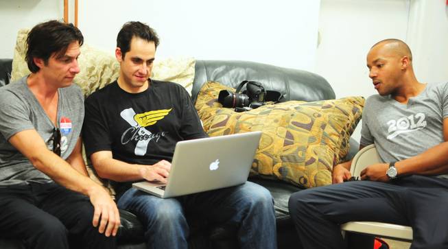 Actors Zach Braff and Donald Faison conduct a live Twitter chat at a Barack Obama presidential campaign office in Las Vegas on Saturday, July 28, 2012. The television personalities most known for their roles in the TV sitcom "Scrubs" were in town to support volunteers canvassing in the central valley.
