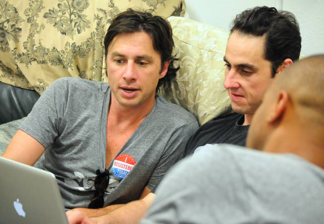Actor Zach Braff and Jason Karsh, digital director of Barack Obama's Nevada campaign offices, conduct a live Twitter chat at a Barack Obama presidential campaign office in Las Vegas on Saturday, July 28, 2012. Braff and fellow "Scrubs" actor Donald Faison were in town to support Obama volunteers canvassing in the central valley.