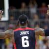 USA's Lebron James (6) signals after making a 3-pointer during a preliminary men's basketball game against Lithuania at the 2012 Summer Olympics, Saturday, Aug. 4, 2012, in London. USA's Lebron James (6) signals after making a 3-pointer during a preliminary men's basketball game against Lithuania at the 2012 Summer Olympics, Saturday, Aug. 4, 2012, in London.