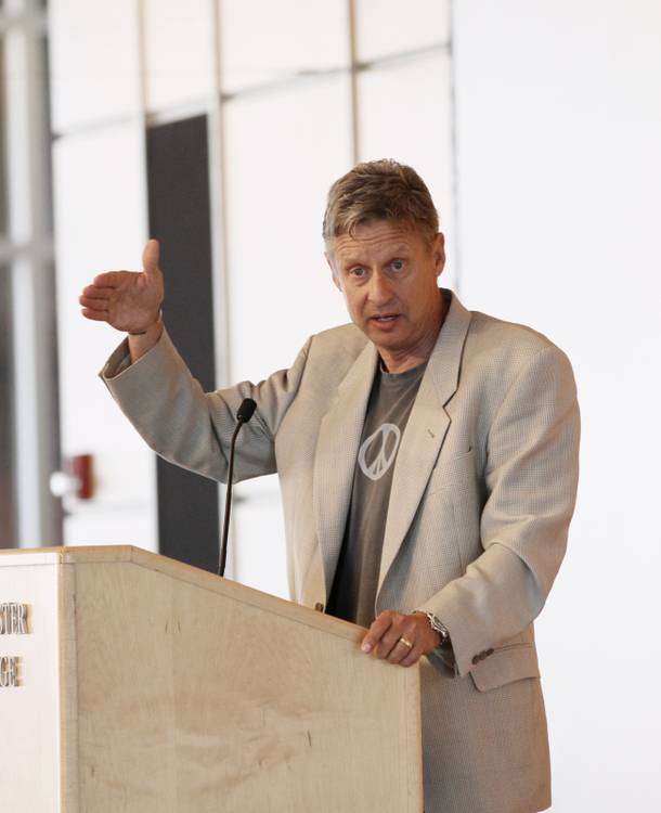 Gary Johnson, the Libertarian Party candidate for president, greets former Minnesota Gov. Jessie Ventura, at Macalester College Friday, Sept. 21, 2012 in St. Paul, Minn.