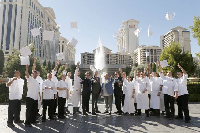Caesars Palace chefs, entertainment producer Richard Gore, Caesars Palace President Gary Selesner, Food Network co-founder Robin Leach and Cleveland Clinic Lou Ruvo Center for Brain Health Chairman Dr. Jeffrey L. Cummings announce the inaugural Food University Las Vegas at Caesars Palace on Tuesday, Oct. 16, 2012.