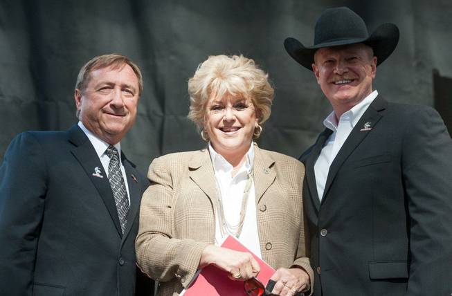 The 2012 Professional Bull Riders Built Ford Tough World Finals "Weighing of the Bulls" featured Asteroid (1,356 pounds), Bushwacker (1,625 pounds), Mayor Carolyn Goodman, Las Vegas Convention and Visitors Authority President Rossi Ralenkotter, PBR CEO Jim Haworth and the top bull riders in the world at Fremont Street Experience on Monday, Oct. 22, 2012.