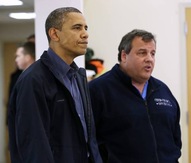 President Barack Obama and New Jersey Gov. Chris Christie visit the Brigantine Beach Community Center to meet with local residents, Wednesday, Oct. 31, 2012, in Brigantine, NJ. Obama traveled to Atlantic Coast to see first-hand the relief efforts after Superstorm Sandy damage the Atlantic Coast. (AP Photo/Pablo Martinez Monsivais)