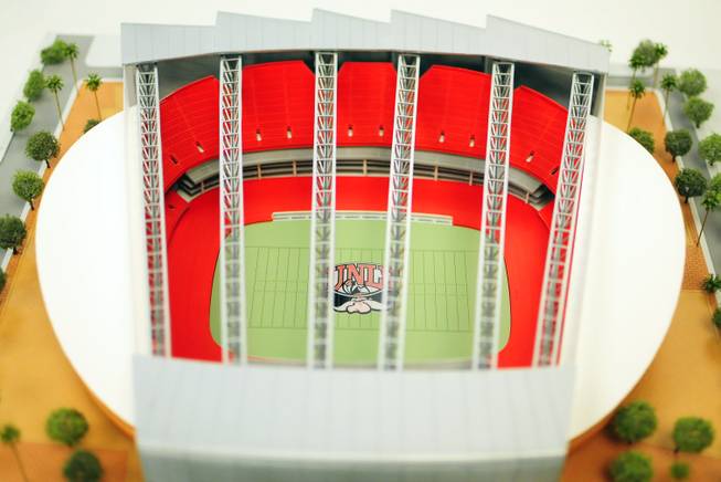A model of the UNLV Now stadium project is shown here at the Nevada System of Higher Education's Board of Regents meeting on Friday, Jan. 11, 2013. UNLV and its private developer partners updated regents on the project, which now features a 100-yard-long video screen and six VIP suites seating 300 people.