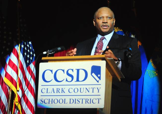Clark County Schools Superintendent Dwight Jones delivers his second annual "State of the District" address on Monday, Jan. 14, 2013, at Western High School. Jones unveiled a new online "Open Book" portal, which makes the district's financial information public, and touted the district's academic gains last school year.