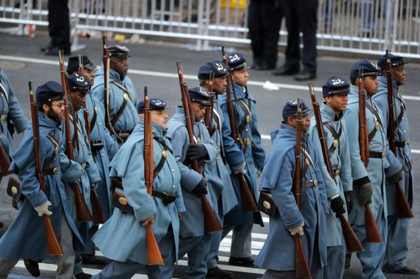 The 54th Massachusetts Volunteer Infantry Regiment, Company A, Massachusetts marches during the 57th Presidential Inaugural Parade on Pennsylvania Avenue, Monday, Jan. 21, 2013 in Washington. Thousands marched during the 57th Presidential Inauguration parade after the ceremonial swearing-in of President Barack Obama.