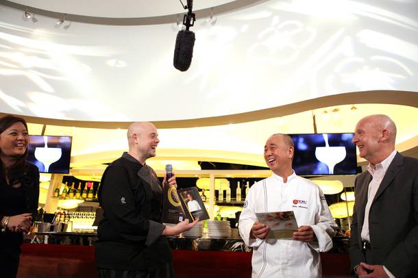 Gigi Vega, from left, the general manager of the new Nobu Hotel at Caesars, Thomas Buckley, the corporate executive chef at Nobu Restaurant at Caesars, Chef Nobu Matsuhisa and Trevor Horwell, the chief executive of Nobu Hospitality talk with the media at the new Nobu Restaurant at Caesars Palace in Las Vegas on Friday, February 1, 2013.