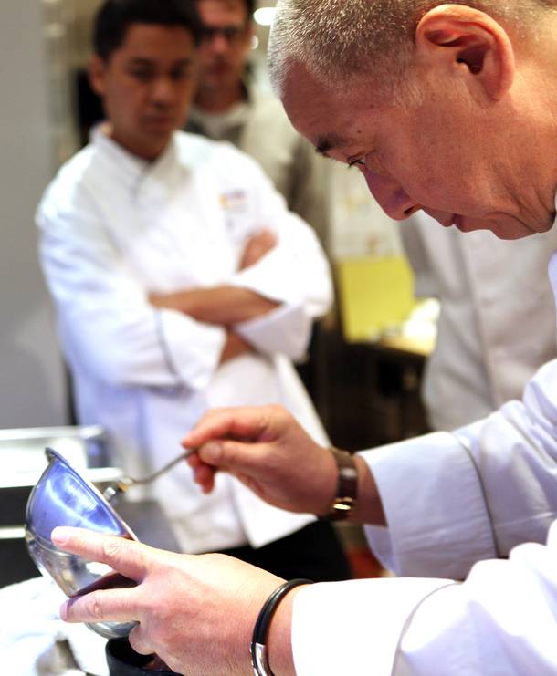 Chef Nobu Matsuhisa cooks egg donburi at the new Nobu Restaurant at Caesars Palace in Las Vegas on Friday, February 1, 2013.