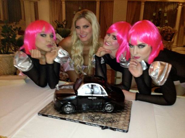 Vince Neil celebrates his 52nd birthday at LVH. Girlfriend Rain Andreani is pictured here.