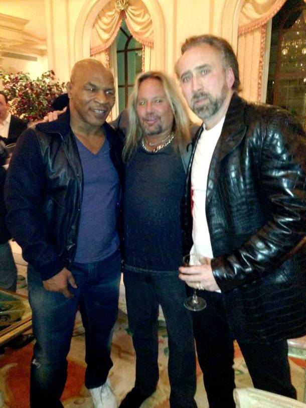 Vince Neil, center, with Mike Tyson and Nicolas Cage, celebrates his 52nd birthday at LVH.