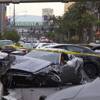 Wrecked cars are shown after a shooting and multi-car accident that left three people dead and three injured on the Las Vegas Strip early Thursday morning Feb. 21, 2013. EDITOR’S NOTE: This photo has been digitally altered to obscure an image of one of the victims.
Wrecked cars are shown after a shooting and multi-car accident that left three people dead and three injured on the Las Vegas Strip early Thursday morning Feb. 21, 2013. EDITOR’S NOTE: This photo has been digitally altered to obscure an image of one of the victims.