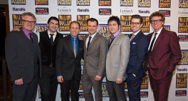 Eric Schaeffer, Ben Hale, Martin Kaye, Marc Donovan, Tyler Hunter, Robert Lyons and Chuck Mead at the grand opening of "Million Dollar Quartet" at Harrah's on Tuesday, Feb. 19, 2013.