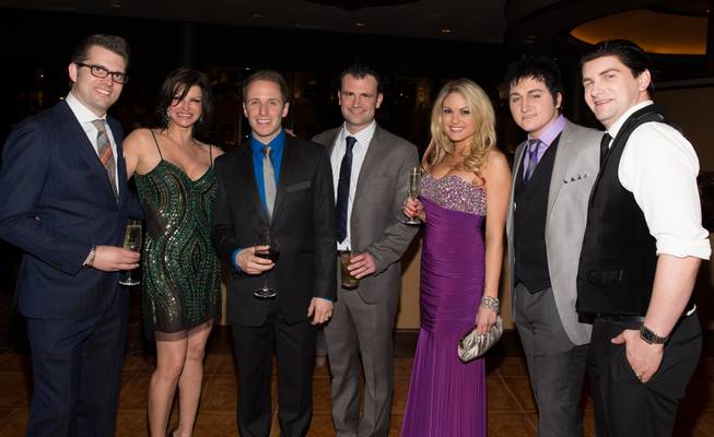 Robert Lyons, Carla Pellegrino, Martin Kaye, Marc Donovan, Felice Garcia, Tyler Hunter and Ben Hale at the grand opening of "Million Dollar Quartet" at Harrah's on Tuesday, Feb. 19, 2013.