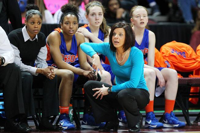 Bishop Gorman head coach Sheryl Krmpotich calls a play during their Division I state championship game against Reno Friday, Feb. 22, 2013 at the Orleans. Reno won 52-39.