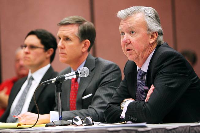 On behalf of his client Julio Cesar Chavez, Jr., attorney Don Campbell, right, addresses the Nevada State Athletic Commission Thursday, Feb. 28, 2013 during a hearing on Chavez's positive test for marijuana metabolites following a fight last September. Chavez was fined $900,000 and suspended for nine months.