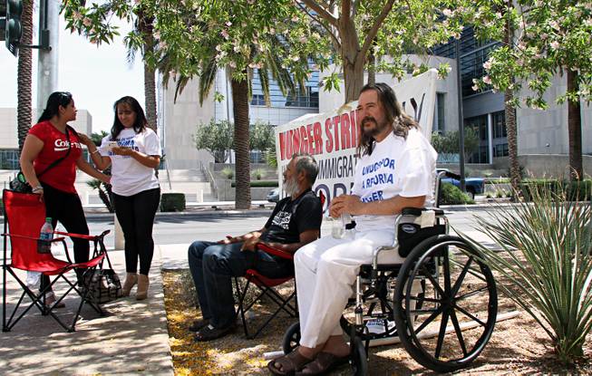 Salvador Zamora, 51, has staged a one-man hunger strike across from the Lloyd George Federal Building in downton Las Vegas to support the push for immigration reform. As of May 9, 2013, Zamora had gone 30 days without eating. He drinks eight to 10 bottles of water a day, and five bottles of water mixed with a little bit of lemon juice and two spoon fulls of honey. He has people with him at most time in case of a medical emergency or to help when he is too weak to walk.