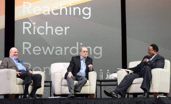 Sport journalist Jim Brown moderates a discussion with best friends Don Rickles and Bob Newhart appearing onstage together for what they said was the first time in their careers during an appearance at the 2013 AARP Life@50 national convention in the Las Vegas Convention Center on Thursday, May 31, 2013.