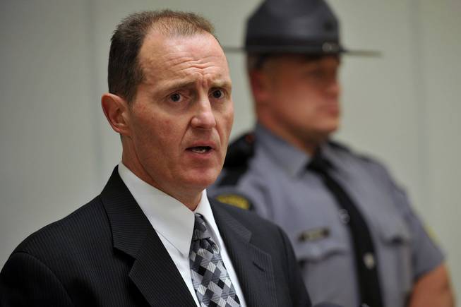 Captain Edward Hoke, Commander of the Pennsylvania State Police Hazleton Barracks speaks at a press conference at the Monroe County Pubic Safety Center on the shooting at the Ross Township Municipal Building that left 3 dead and 3 injured, Monday, Aug. 5, 2013, in Stroudsburg, Pa.