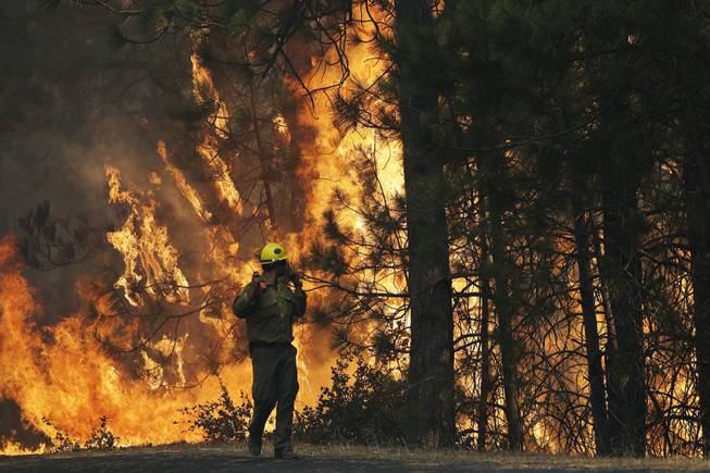 Firefighter A.J. Tevis watches the flames of the Rim Fire near Yosemite National Park, Calif., on Sunday, Aug. 25, 2013. With winds gusting to 50 mph on Sierra mountain ridges and flames jumping from treetop to treetop, hundreds of firefighters have been deployed to protect this and other communities in the path of the Rim Fire raging north of Yosemite National Park.