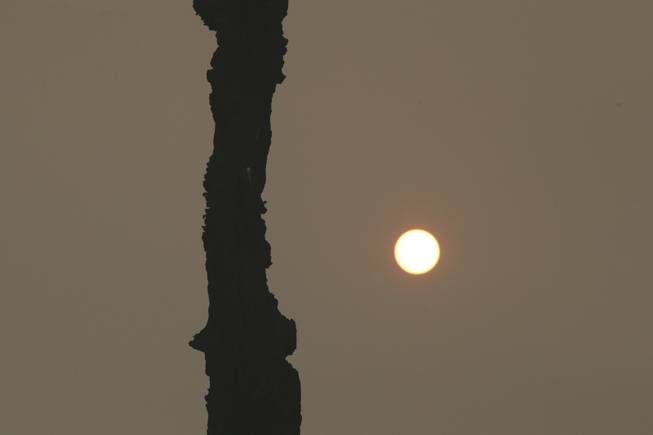 A burned tree stands near state Highway 120 as the sun rises through a heavy smoke from the Rim Fire near Yosemite National Park, Calif., on Sunday, Aug. 25, 2013. With winds gusting to 50 mph on Sierra mountain ridges and flames jumping from treetop to treetop, hundreds of firefighters have been deployed to protect this and other communities in the path of the Rim Fire raging north of Yosemite National Park.