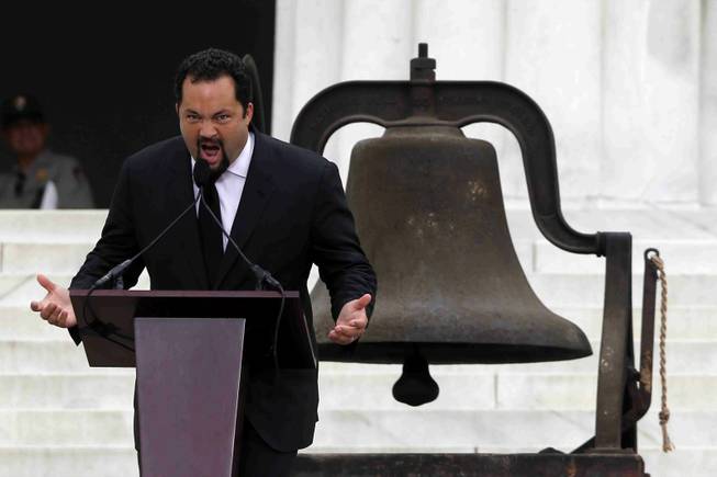 NAACP President and CEO Benjamin Jealous speaks at the 50th Anniversary of the March on Washington where Martin Luther King, Jr., spoke, Wednesday, Aug. 28, 2013, at the Lincoln Memorial in Washington. The bell at rear rang at the 16th St Baptist Church in Birmingham, Ala. which was bombed 18 days after the March On Washington killing four young girls.