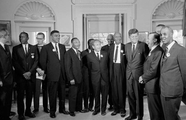 President John F. Kennedy stands with a group of leaders of the March on Washington on Aug. 28, 2013 at the White House. From left are Whitney Young, National Urban League; Martin Luther King Jr., Southern Christian Leadership Conference; John Lewis, Student Non-violent Coordinating Committee; Rabbi Joachim Prinz, American Jewish Congress; Dr. Eugene P. Donnaly, National Council of Churches; A. Philip Randolph, AFL-CIO vice president; Kennedy; Walter Reuther, United Auto Workers; Vice-President Johnson, rear, and Roy Wilkins, NAACP.