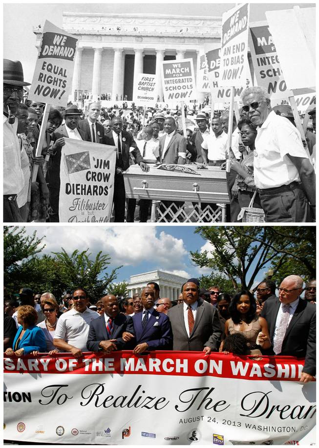 In this combination of Associated Press file photos, at top, a group of demonstrators pose for a photo at the Lincoln Memorial in during the Aug. 28, 1963, March on Washington; and at bottom, the Rev. Al Sharpton, center, arm-in-arm with Congressman John Lewis, lining up with Martin Luther King III, third from right, Andrea King, and Speaker of the House Nancy Pelosi, second from left, after the rally at the Lincoln Memorial, commemorating the 50th anniversary of the 1963 march, Saturday, Aug. 24, 2013. From the steps where King stood, orators spoke Saturday of promises yet unfulfilled in areas like voting rights, gun violence, economic inequality and equal protection under the law.