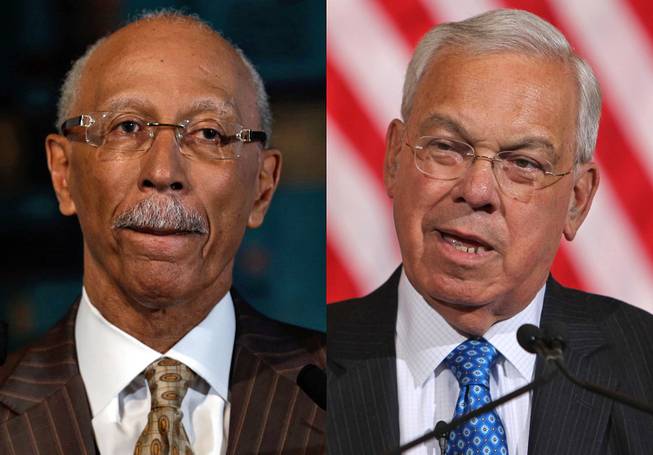 This combination of 2013 file photos shows Detroit Mayor Dave Bing, left, and Boston Mayor Thomas Menino. Bing accused his Boston counterpart of insensitivity Sept. 3, 2013, after Menino told a magazine that if he ever visited the Motor City, he'd "blow up the place and start all over."