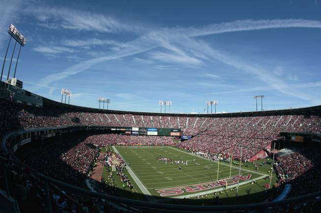 This Nov. 11, 2012, file photo shows Candlestick Park is shown during the first quarter of an NFL football game between the San Francisco 49ers and the St. Louis Rams in San Francisco. A football fan fell from an elevated pedestrian walkway and died at San Francisco's Candlestick Park Sunday Sept. 8, 2013, during the 49ers-Green Bay Packers game.