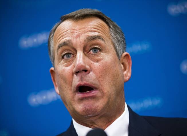 House Speaker John Boehner of Ohio talks to reporters on Capitol Hill in Washington, Tuesday, Sept. 10, 2013, following a Republican strategy session. Boehner, who has supported President Obama's call to use force against Syria as punishment for allegedly using chemical weapons, said he is skeptical of Syria's offer to turn over chemical weapons to international monitors. Boehner added that but President Obama has not yet sold the American people on the need for military action.