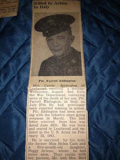 In this photo provided by Donna Gregory is an obit for Pfc. John Farrell Eddington. Seven decades after the Missouri soldier died in World War II, Peggy Smith, the daughter he never met is about to get his Purple Heart medal, along with the emotional letter her father wrote just weeks after her birth, at a ceremony Saturday, Sept. 21, 2013, in Dayton, Nev. Pfc. Eddington was overseas when Peggy was born on Feb. 5, 1944. Eddington died in Italy four months later.