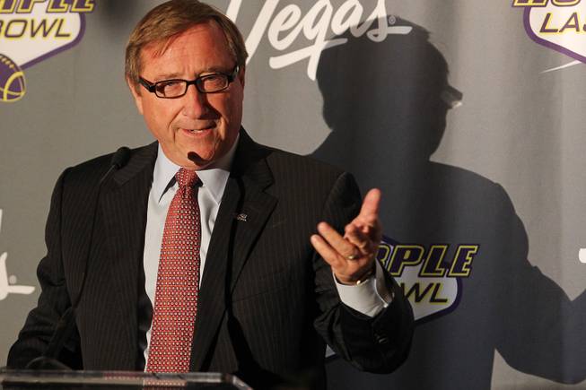 Las Vegas Visitors and Convention Authority President Rossi Ralenkotter speaks during the kickoff luncheon for the Royal Purple Las Vegas Bowl Wednesday, Sept. 25, 2013. Royal Purple, a manufacturer of motor oil and other lubricants, was announced as the new title sponsor of the game for the next three years.