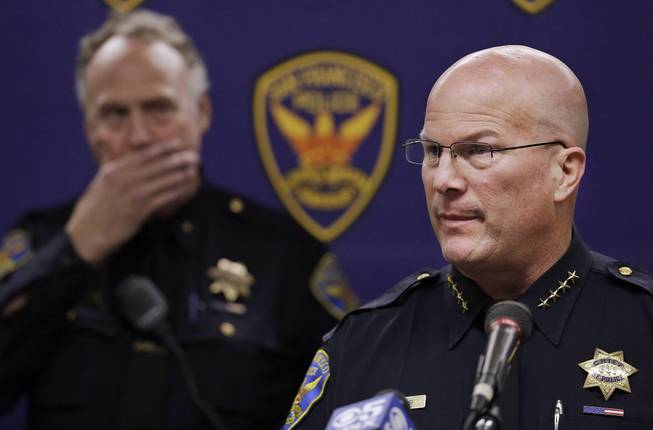San Francisco Police Chief Greg Suhr speaks at a news conference in San Francisco, Thursday, Sept. 26, 2013. Police arrested two people in the fatal stabbing of a Los Angeles Dodgers baseball fan during a fight near San Francisco's AT&T Park after the Giants' 6-4 win over the Dodgers, Suhr said.