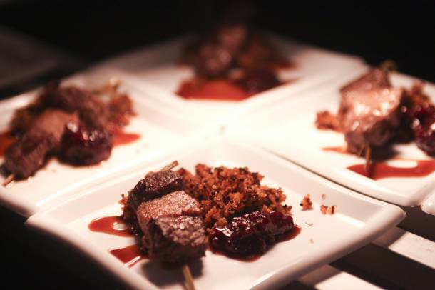 Free-Range Game Meat Tasting Kabob from the Tender Steakhouse table at the Epicurean Charitable Foundations M.E.N.U.S. (Mentoring & Educating Nevadas Upcoming Students) fundraising event at the Luxor Oasis Pool on Friday, Oct. 4, 2013.