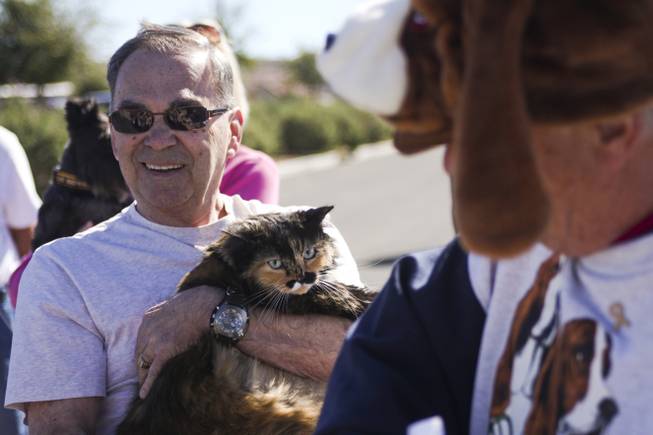 Denny Gunther has his cat, Snickers, blessed during a pet blessing ceremony to celebrate the Feast of St. Francis of Assisi, the Catholic patron saint of animals, at New Song Church in Henderson on Saturday, Oct. 5, 2013. In the U.S., St. Francis of Assisi's feast day is celebrated on Oct. 4.
