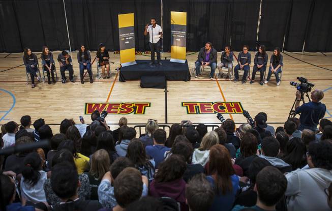 USA Network Actor Brandon Jay McLaren of Graceland welcomes students and staff from the West Career & Technical Academy there to share and hear personal stories Wednesday as part of the Characters Unite National Tour. A More Perfect Union: Stories of Prejudice and Power is produced by the USA Network, The Moth and in conjunction with Cox Cable.
