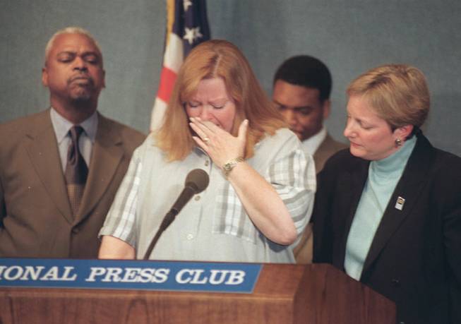 An emotional Judy Shepard, mother of Matthew Shepard, meets reporters at the National Press Club in Washington Tuesday March 23, 1999 to discuss support for hate crime legislation. From left are, Wade Henderson, executive director, Leadership Conference on Civil Rights; Shepard; Daryl Varrett, nephew of James Byrd Jr.; and Elizabeth Birch, executive director, Human Rights Campaign. Matthew Shepard, a gay college student, was killed last October.
