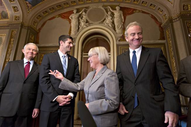 From left, Sen. Jeff Sessions, R-Ala., House Budget Committee Chairman Paul Ryan, R-Wisc., Senate Budget Committee Chair Patty Murray, D-Wash., and Rep. Chris Van Hollen, D-Md., wind up outlining their approach to tackling the nations debt problems in the Senate Reception Room at the Capitol in Washington, Thursday, Oct. 17, 2013. With last-minute legislation passed in Congress that reopened the government and averted a national default, bipartisan budget conferees from both houses of Congress emerge from an initial meeting in the Capitol.