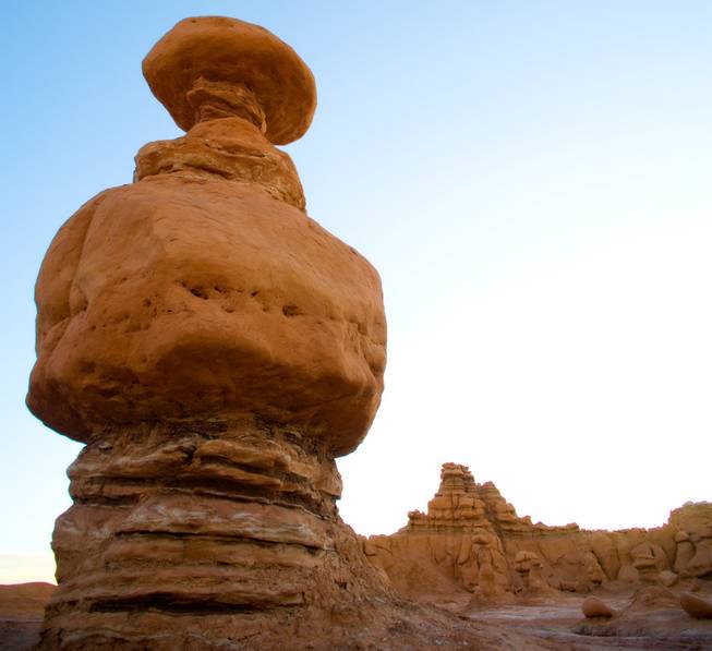This undated photo released by Utah State Parks shows a rock formation at Goblin Valley State Park. Authorities say three men could face felony charges after purposely knocking over an ancient Utah desert rock formation and posting a video of the incident online. State parks spokesman Eugene Swalberg says the formation at Goblin Valley State Park is about 170 million years old. The park is dotted with thousands of the eerie, mushroom shaped sandstone formations.