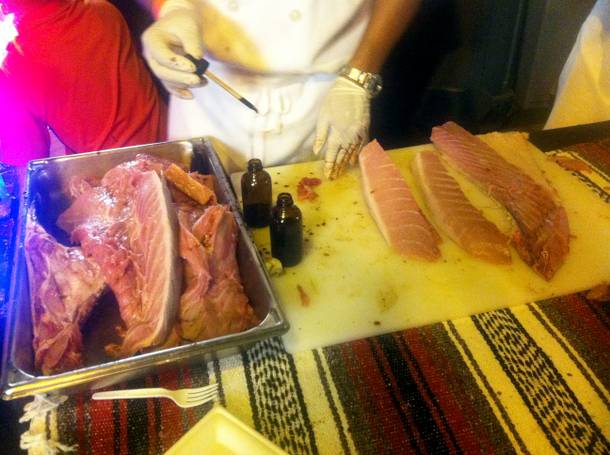 The Blue Ribbon team butchered the tuna, then served it to diners with an eyedropper of soy and a dollop of wasabi.