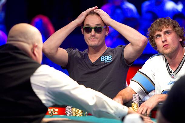 Michiel Brummelhuis, left, 32, a poker professional from Amsterdam, competes against Ryan Riess, right, 23, a Las Vegas poker professional, during the final table of the World Series of Poker $10,000 buy-in no-limit Texas Hold 'Em tournament at the Rio Monday, Nov. 4, 2013. Riess knocked out Brummelhuis with pocket aces on the next hand.