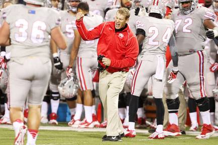 UNLV head coach Bobby Hauck reacts as the Rebels stop San Diego State on third down during their Mountain West Conference game Saturday, Nov. 30, 2013 at Sam Boyd Stadium. UNLV won 45-19.