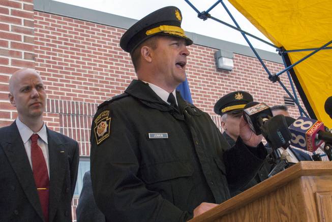 Pennsylvania State Police Capt. Steven Junkin speaks during a news conference, Friday, Jan, 10, 2014, in Chambersburg, Pa. Police investigating the shooting death of a motorist from Maine in the dead of night on a Pennsylvania interstate last weekend said Friday they did not think it was related to another roadway shooting about seven hours earlier some 50 miles away.