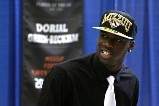 In this Feb. 1, 2012, file photo, Dorial Green-Beckham speaks at a news conference after announcing that he will play college football for Missouri in Springfield, Mo. Green-Beckham has been arrested and released in an incident police say is tied to illegal drugs.