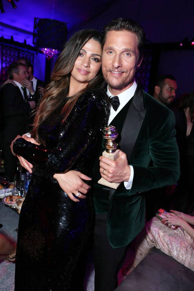 Camila Alves and Matthew McConaughey with the award for best actor in a motion picture - drama for "Dallas Buyers Club" at the 71st Annual Golden Globe Awards NBC/Universal/Focus Features/E! Entertainment/Chrysler After Party on Sunday, Jan. 12, 2014 in Los Angeles.