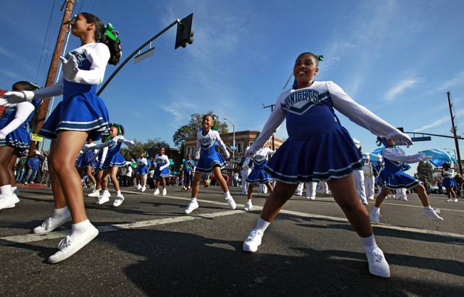 Dancers from the Marching Knights from the Frederick K.C. Price III Christian schools participate in the Martin Luther King Jr. parade in Los Angeles on Monday Jan. 20, 2014. The 29th annual Kingdom Day Parade honoring Martin Luther King Jr. was themed ``Ain't Gonna Let Nobody Turn Us Round.''