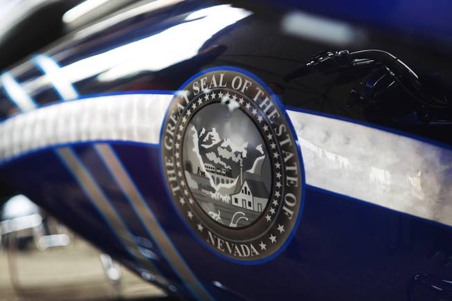 A Harley Davidson motorcycle that has been customized for Nevada's sesquicentennial is on display at an event to mark the beginning of construction of a Harley Davidson dealership on the Strip Thursday, Jan. 23, 2014. The dealership will be located on the east side of the Strip, just south of Russell Road.