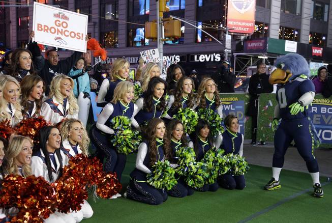 Denver Broncos cheerleaders and Seattle Seahawks Sea Gals cheerleaders appear with Blitz, the Seahawks mascot, Friday, Jan. 31, 2014 during a live broadcast of Good Morning America at Times Square in New York. The Seattle Seahawks will play the Broncos Sunday in the NFL Super Bowl XLVIII football game in East Rutherford, N.J.