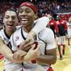 UNLV guard Kendall Smith hugs Kevin Olekaibe after defeating Boise State 73-69 in their Mountain West Conference game Saturday, Feb. 1, 2014 at the Thomas & Mack Center. Olekaibe sunk a three-point shot with seconds remaining to give the Rebels the lead for good. UNLV guard Kendall Smith hugs Kevin Olekaibe after defeating Boise State 73-69 in their Mountain West Conference game Saturday, Feb. 1, 2014 at the Thomas & Mack Center. Olekaibe sunk a three-point shot with seconds remaining to give the Rebels the lead for good.
